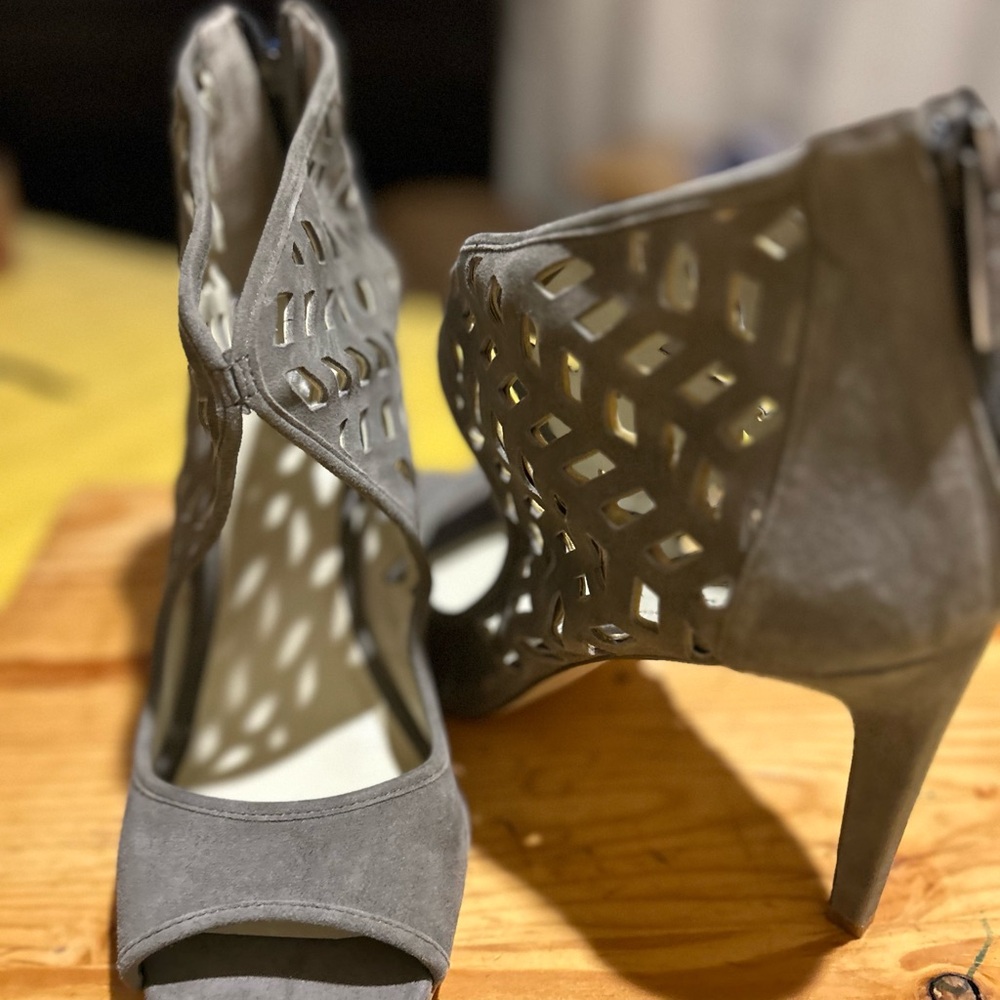 Gray High Heels with Intricate Cutout Design